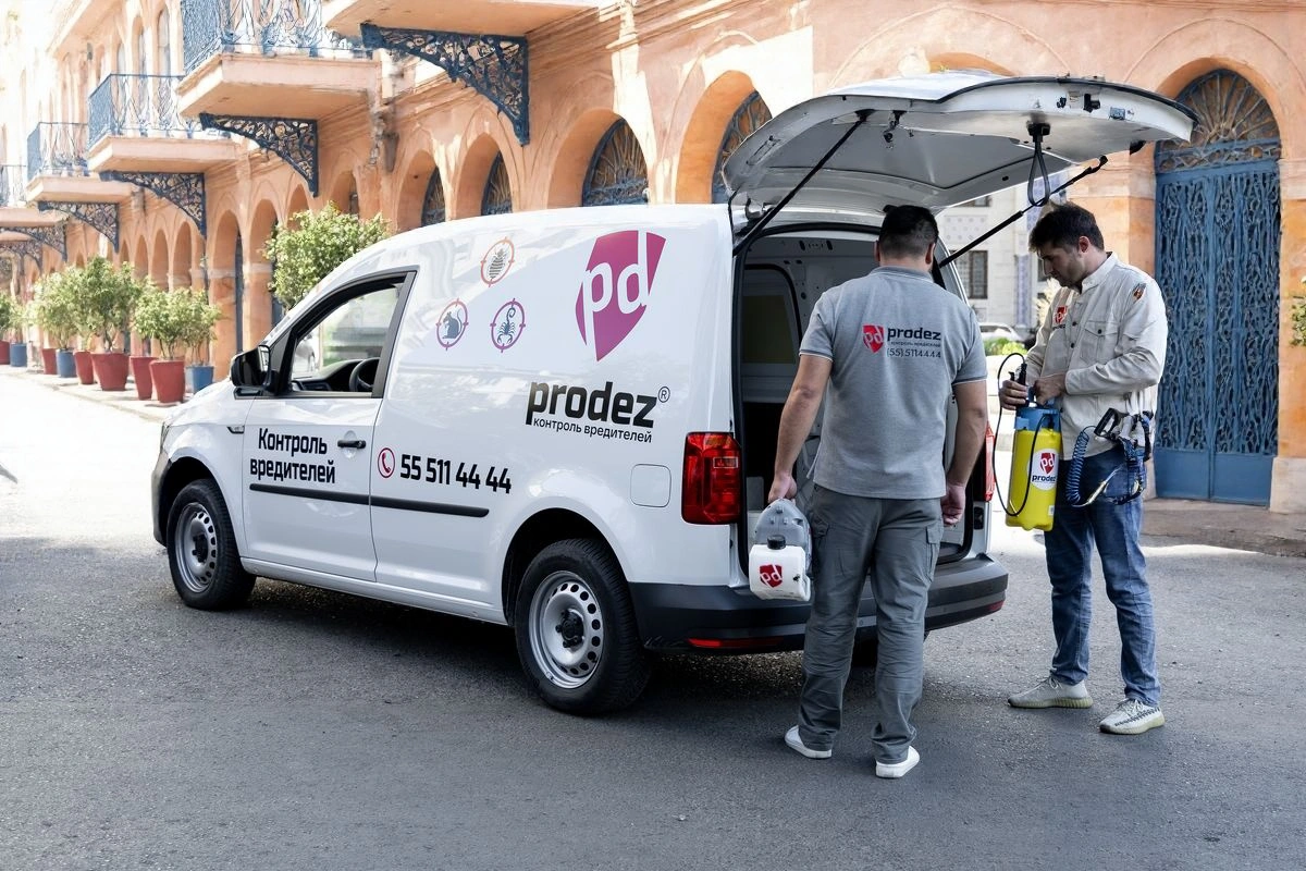 Специалист Prodez готовит профессиональный опрыскиватель у фургона