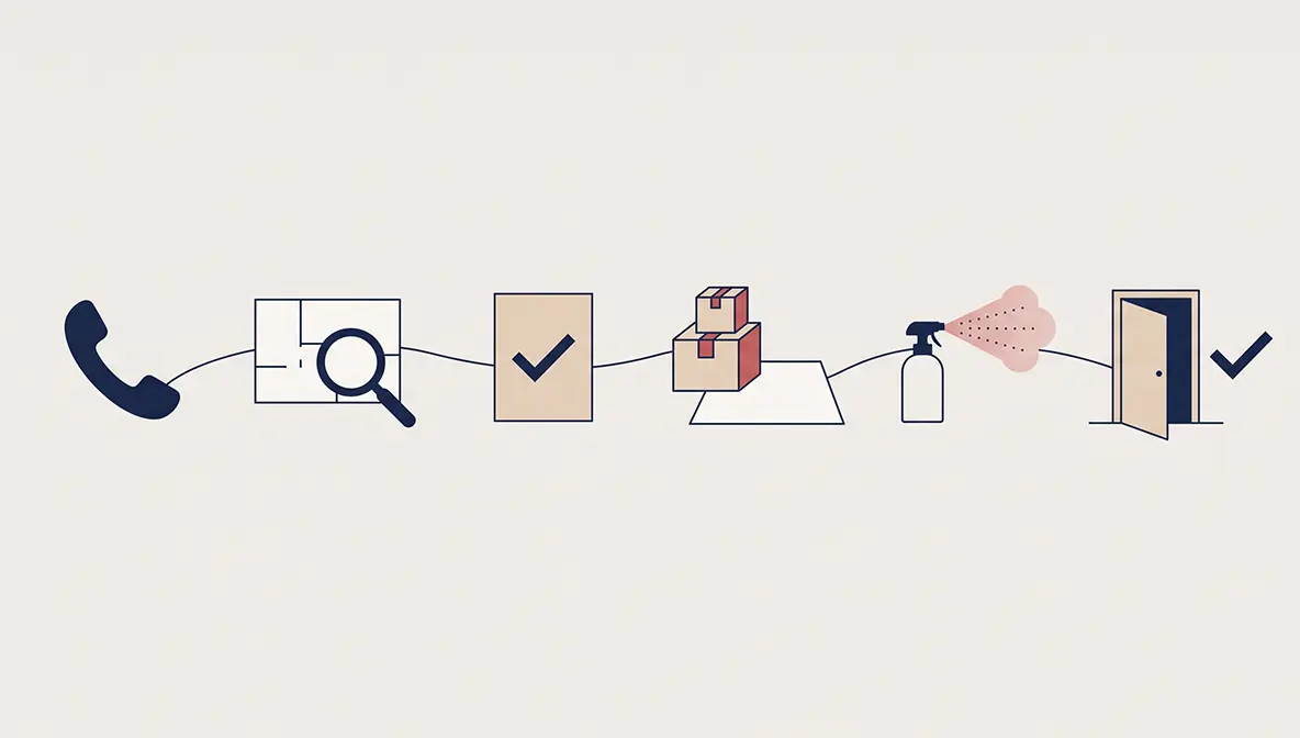 Схема без подписей: последовательность работы с объектом — обращение, осмотр, согласование, подготовка, обработка и возврат помещения в работу