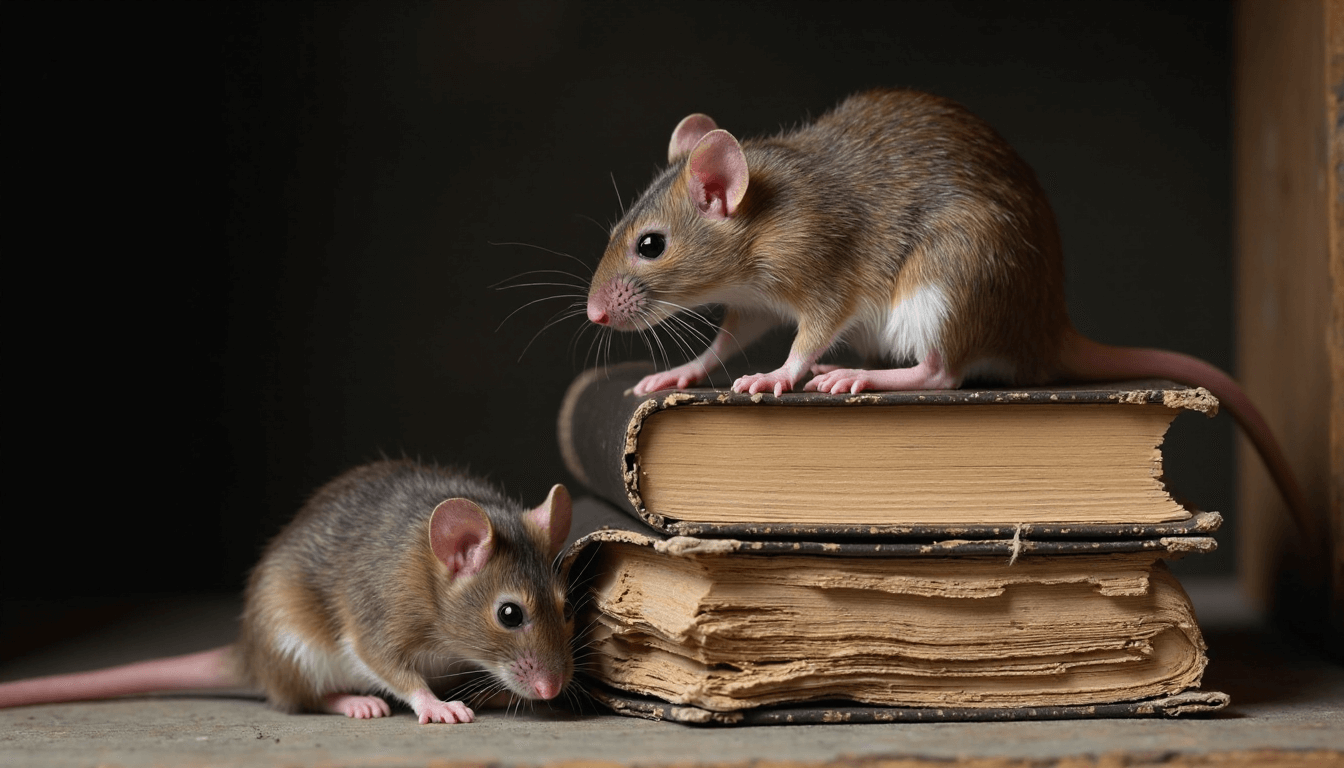 Две крысы возле погрызенных книг